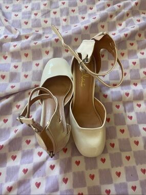 Lulu's Ivory Patent Ankle-Strap Platform Heels